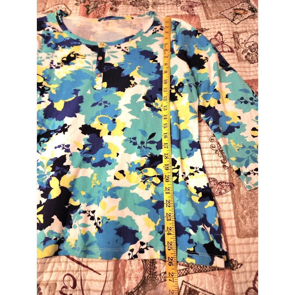 Anne klein‎ Women's Floral Top Round Neck Long Sleeve Cotton Blue Green Size XL - Picture 6 of 8